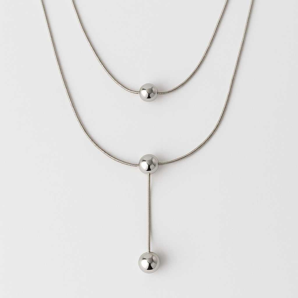 Collar doble plateado con cuentas redondas lisas
